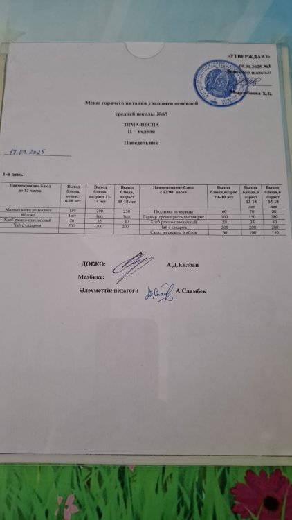 17.03.2025 Түскі ас мәзірі